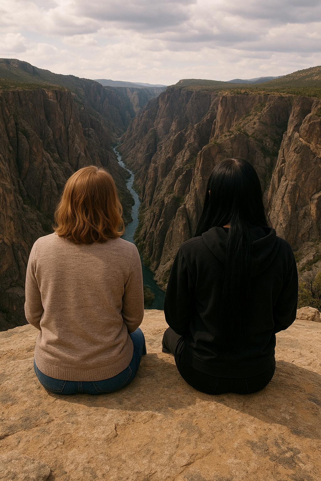 woman and girl sit on edge of Black Canyon