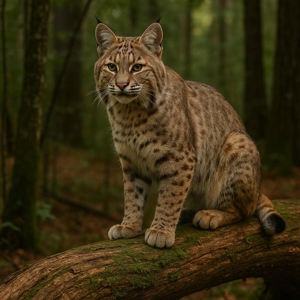 Bobcat on a log in the forest